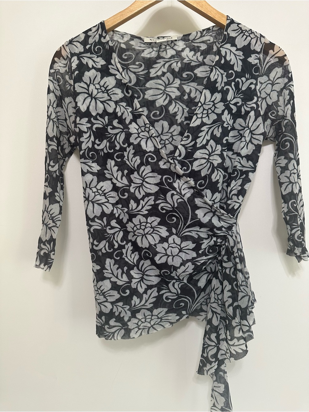 White House Black Market Black & White Floral Wrap Blouse